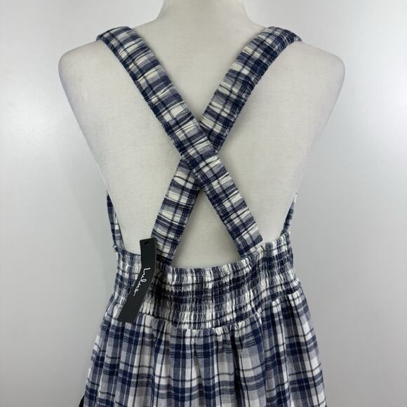 Lulus New Surely Charmed Navy Blue Plaid Tiered Backless Midi Dress Large Preppy - Picture 9 of 14